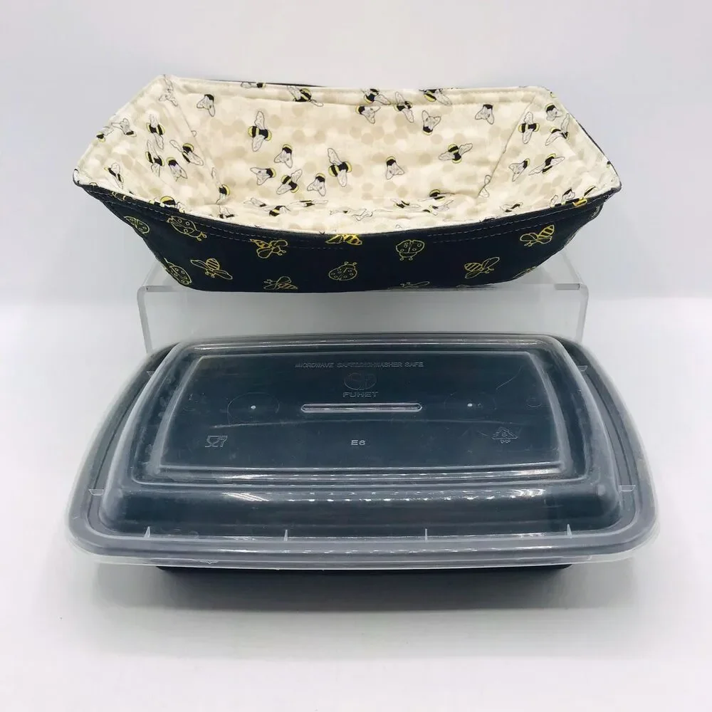 Reversible Microwave Cozie For Takeout Containers Farmhouse Yellow Bees on Black